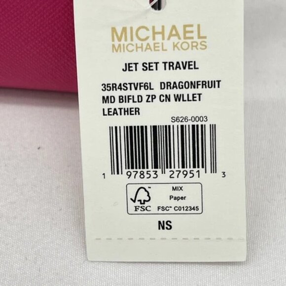 NEW MICHAEL KORS Jet Set Travel Medium Bifold Zip Wallet Leather Dragon Fruit - Picture 10 of 12